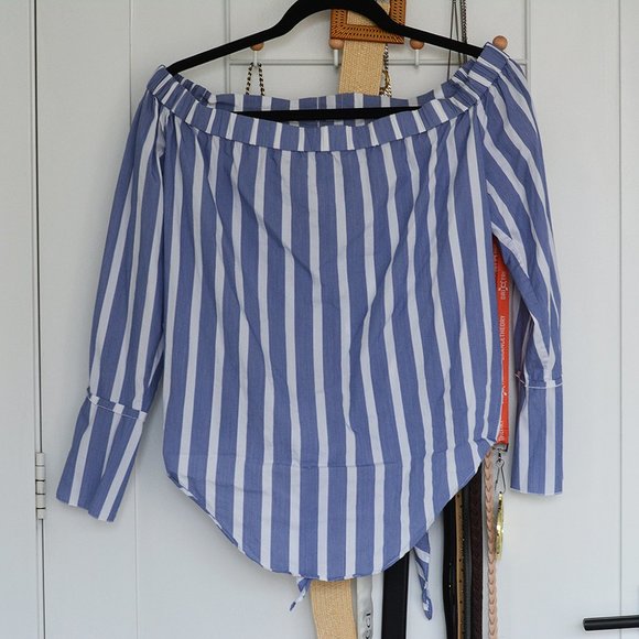 Mango Striped Off-The-Shoulder Shirt - Picture 6 of 7